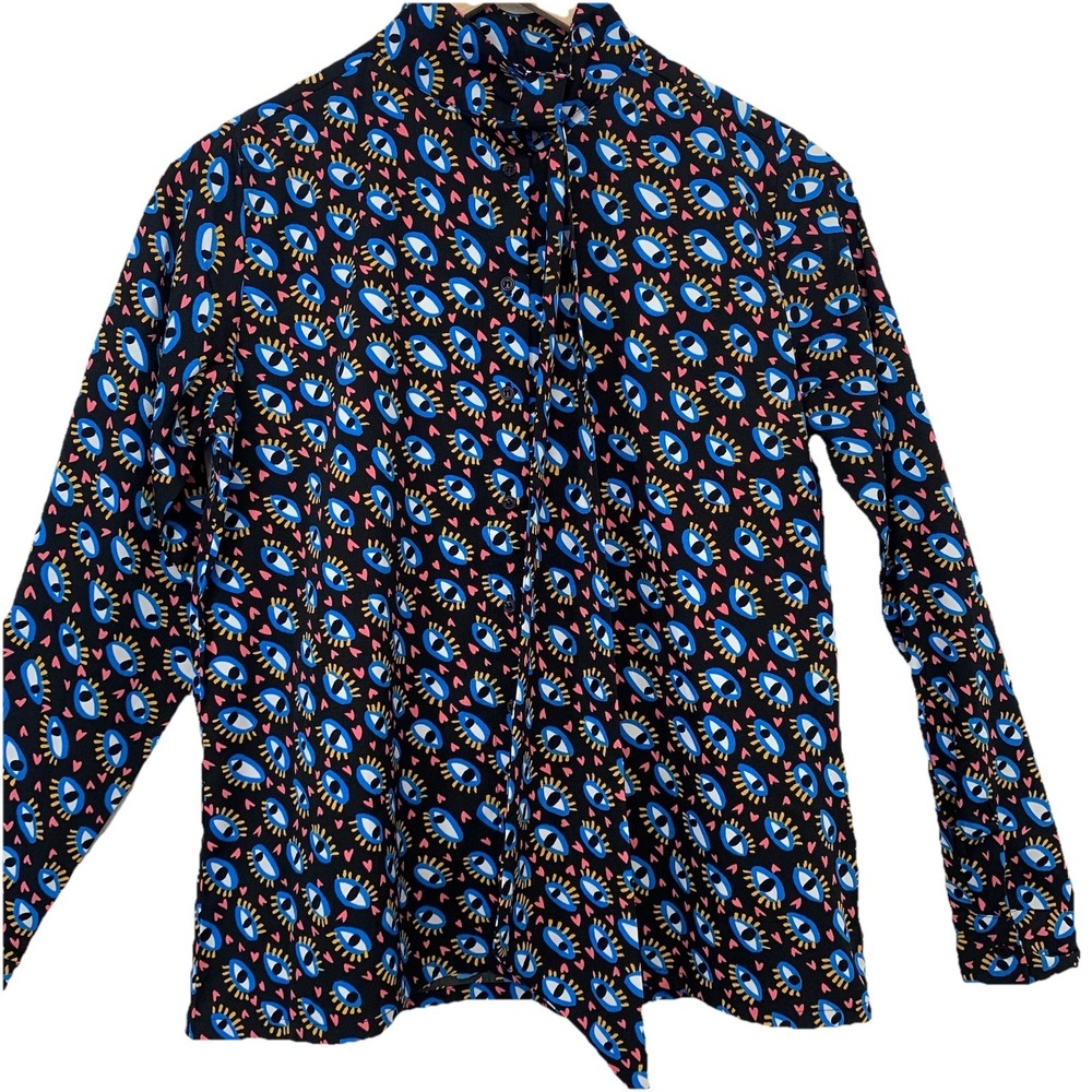 Compania  Fantastica Evil Eye Printed‎ Blouse Top Woman XS Button Up Neck Tie